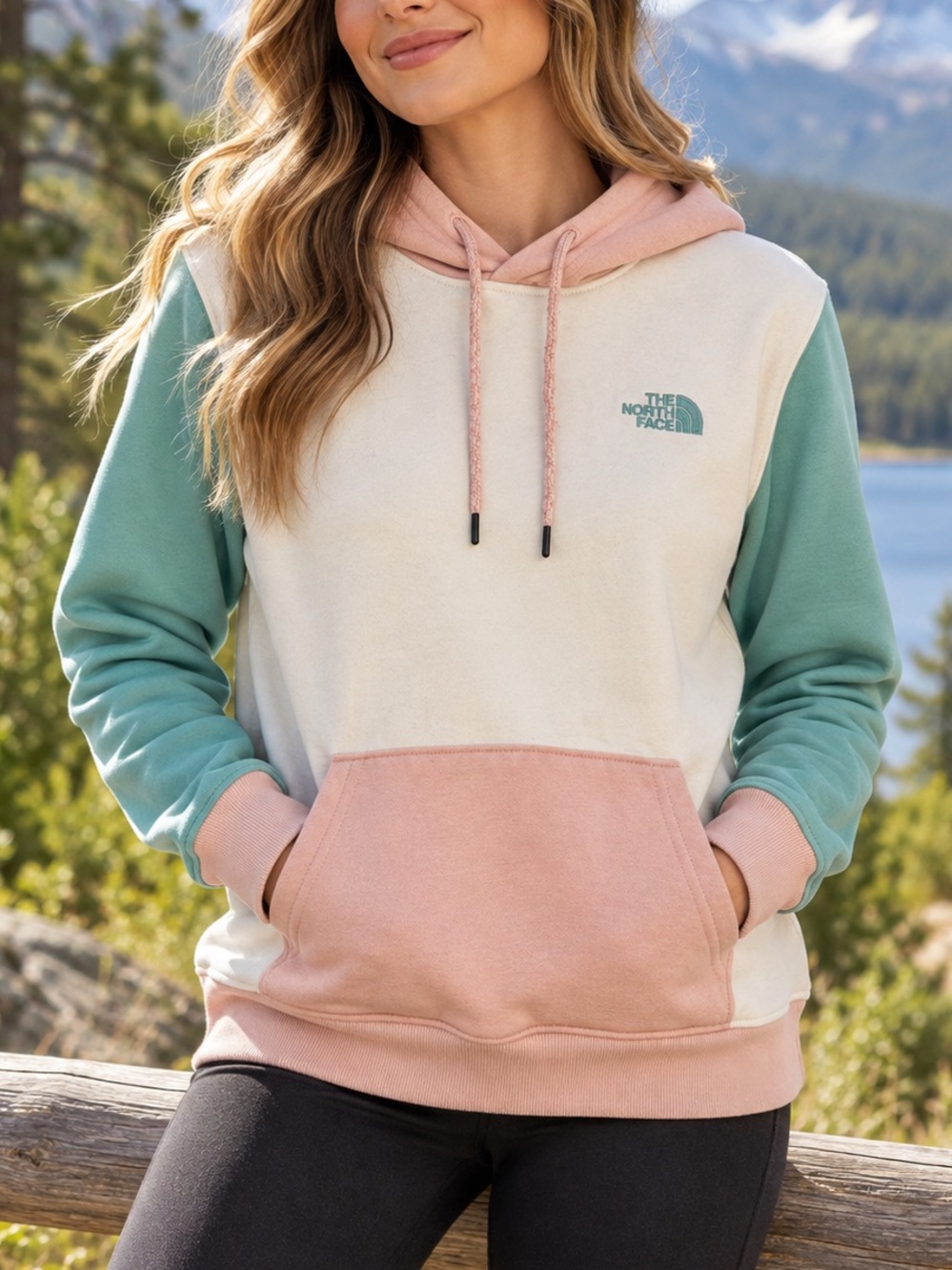The North Face Women’s Colorblock Pullover Hoodie Pink Green Cream Size Medium